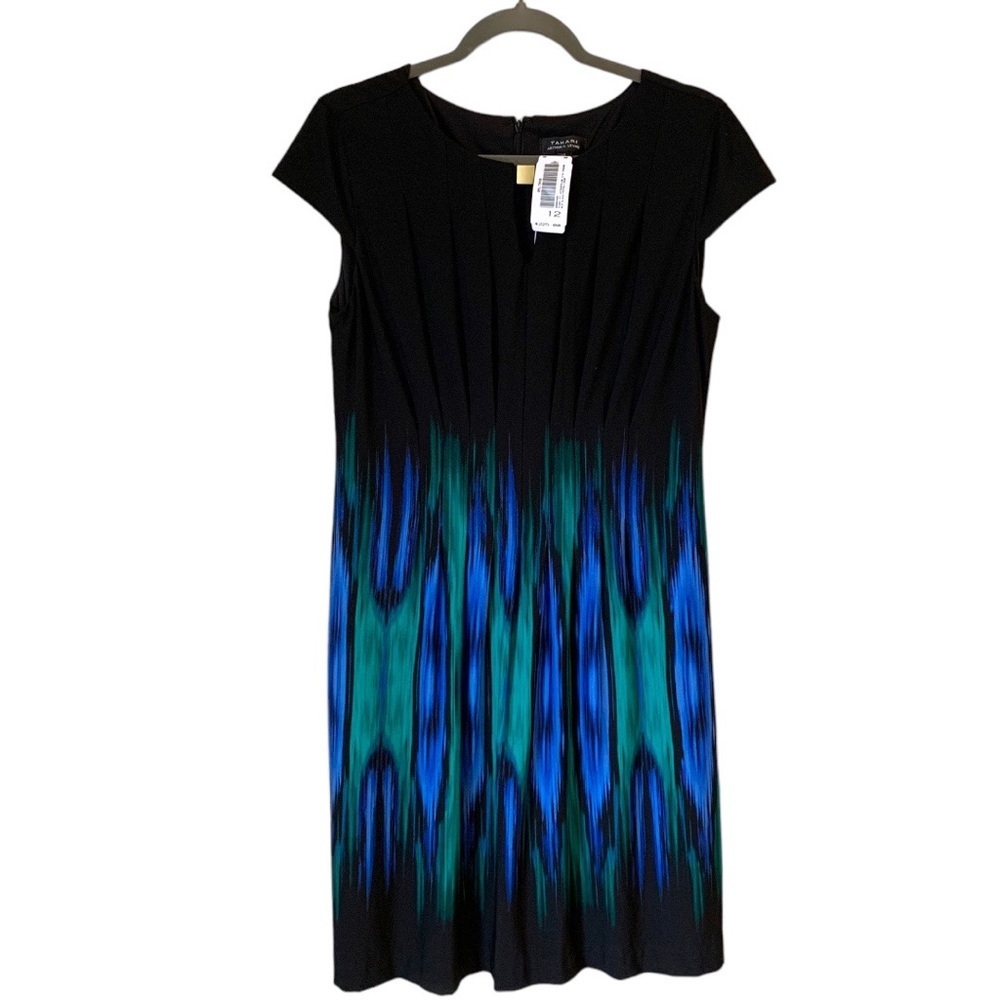 TAHARI Arthur S. Levine Pleated Watercolour Dress Black Royal Blue Jade Size 12